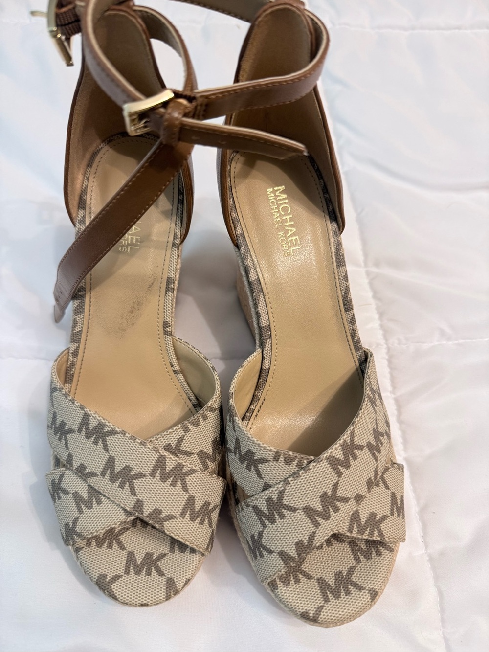 Michael Kors Beige MK Logo Canvas Ankle-Strap Heels